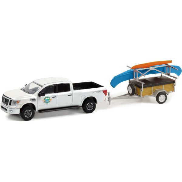 Greenlight | 2019 Nissan Titan XD Pro-4X Pickup with Trailer, Boat and Canoe White